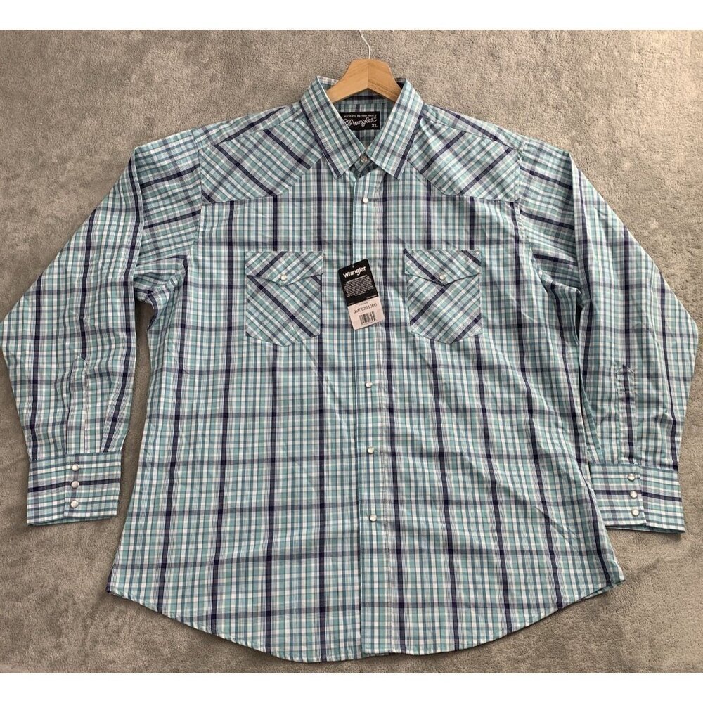 Wrangler Western Shirt Mens XL Plaid Pearl Snap Long Sleeve Silver Edition Rodeo